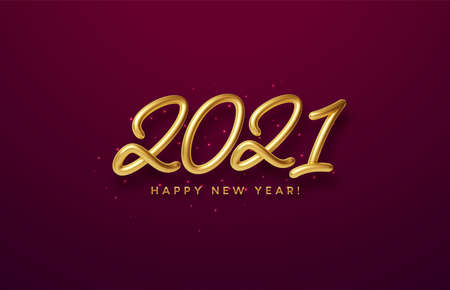 Realistic shiny 3D golden inscription 2021 happy new year on a with red background. Vector illustrationのイラスト素材