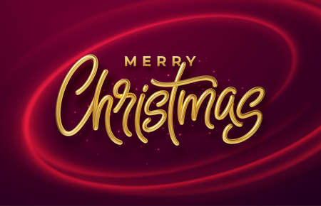 Realistic shiny 3D golden inscription Merry Christmas on a background with red bright waves. Vector illustrationのイラスト素材