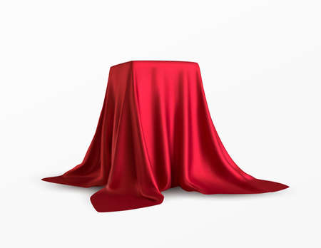 Realistic box covered with red silk cloth. Isolated on white background. Satin fabric wave texture material. Textile design, fabric. Vector illustration EPS10のイラスト素材