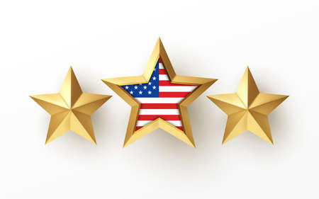 Golden realistic 3d star with American flag isolated on white background. Design element for...