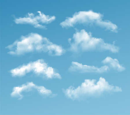 Set of transparent different clouds isolated on blue background. Real transparency effect. Vector illustrationのイラスト素材