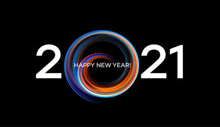 Colorful Brushstroke paint lettering calligraphy of 2021 Happy New Year background. Color flow...
