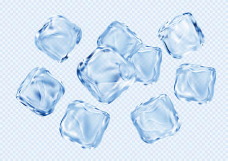 Set of ice transparent clear cubes isolated on light blue transparent background. Vector illustrationのイラスト素材