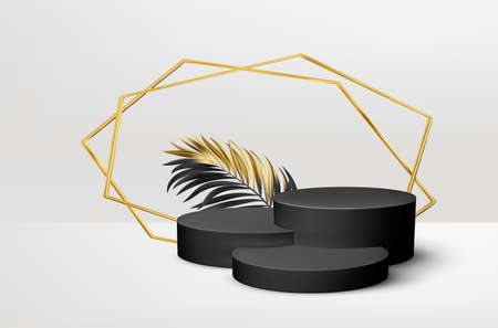 3d realistic black pedestal on a white background with golden elements palm leaves. Empty space design luxury mockup scene for product. Vector illustrationのイラスト素材