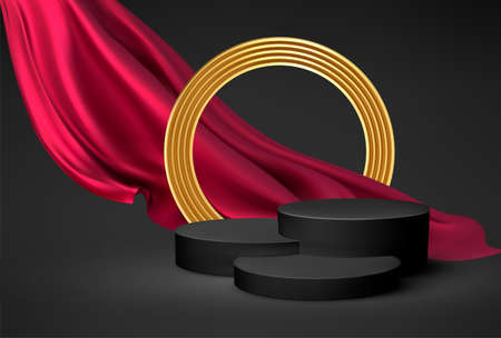 Background 3d black podium product and realistic red silk flying drape fabric, golden cirkle frame on the black background. Modern black podium, great design for any purposes. Vector illustrationのイラスト素材