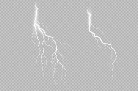 Realistic collection with lightning thunderstorm on transparent background. Realistic vector vector set thunderbolt flare. Lightning thunderstorm Explosion effect. Vector illustrationのイラスト素材