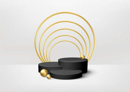 Realistic 3D Black Product podium showcase with golden decorative elements on a white background. Luxury concept for displaying a cosmetic product. Vector illustrationのイラスト素材