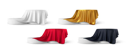Set of realistic 3d round product podium display covered with fabric drapery folds isolated on white background. White, red, black, gold color shiny silk fabric. Vector illustrationのイラスト素材