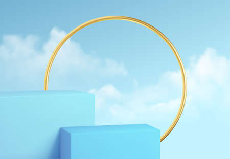 Blue product podium showcase on the background of clear sky with clouds and gold decoration. Podium show cosmetic product 3d realistic Vector illustrationのイラスト素材
