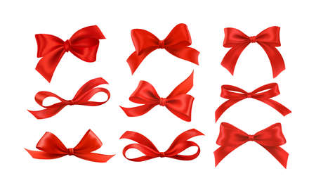 Gift bows silk red ribbon with decorative bow. Realistic luxury festive satin tape for decor or holiday packaging 3d vector set isolated on white background. Vector illustrationのイラスト素材