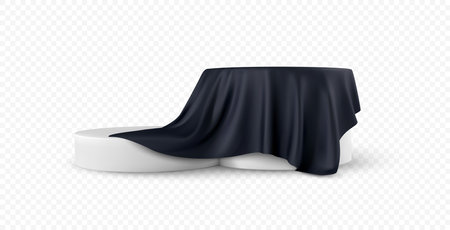 Realistic 3d round white product podium display covered black fabric drapery folds isolated on white background. Vector illustrationのイラスト素材