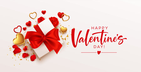 Valentines day design template with gift box with red bow, gold and red hearts on white background. Vector illustrationのイラスト素材