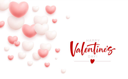 Happy Valentines Day festive background of flying white and pink hearts. Vector illustrationのイラスト素材