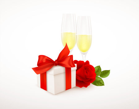 Realistic white gift box with red bow ribbon, two glasses of champagne and red rose isolated on white background. Design element for Happy Valentines Day greetings. Vector illustrationのイラスト素材
