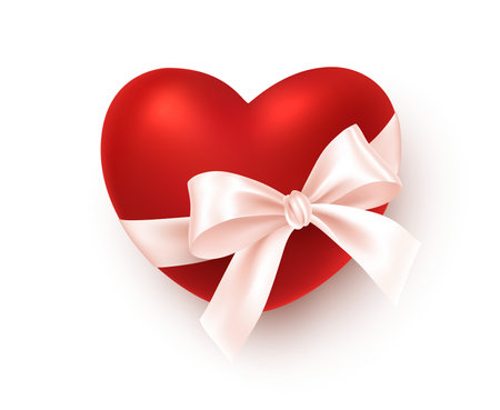 Realistic red heart with white silk ribbon bow isolated on white background. Festive design element for Happy Valentines Day greetings. Vector illustrationのイラスト素材