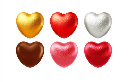 Set of realistic heart shaped chocolates wrapped in foil candy wrapper. Festive design element for Happy Valentines Day. Vector illustrationのイラスト素材