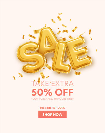 Inscription Sale made from gold foil balls and golden glitter sequins on a pink background. Design Concept for Valentines Day Sale Poster. Vector illustrationのイラスト素材