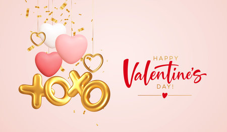 Design concept for a poster background for Valentines Day with gold, red different heart shapes and an inscription xoxo from gold foil balloons. Vector illustrationのイラスト素材