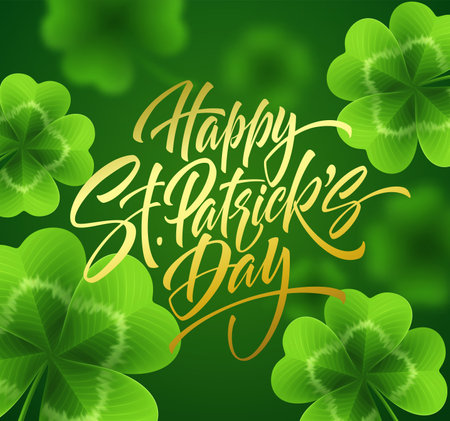 Golden handwriting lettering Happy Saint Patricks Day on green background made of realistic clover leaves and golden glitter glitter. Vector illustrationのイラスト素材