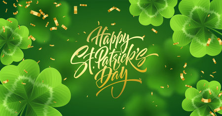 Golden handwriting lettering Happy Saint Patricks Day on green background made of realistic clover leaves and golden glitter glitter. Vector illustrationのイラスト素材