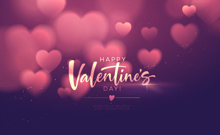 Bokeh Blurred Heart Shape Shiny Luxurious Background for Valentines Day congratulations. Handwriting lettering Happy Valentines Day. Vector illustrationのイラスト素材