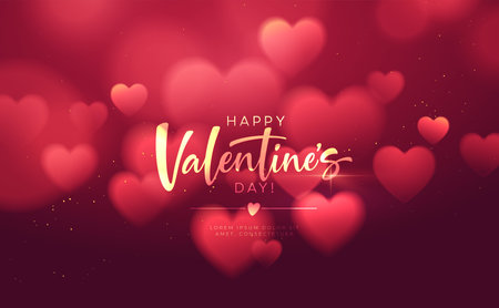 Bokeh Blurred Heart Shape Shiny Luxurious Background for Valentines Day congratulations. Handwriting lettering Happy Valentines Day. Vector illustrationのイラスト素材