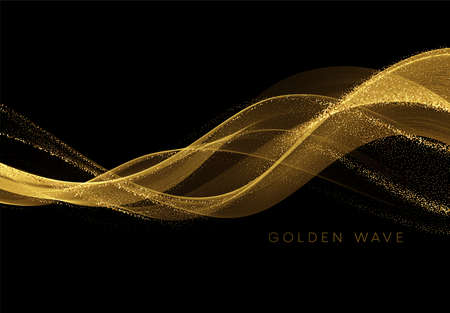 Golden flowing wave with sequins glitter dust isolated on black background. Vector illustrationのイラスト素材