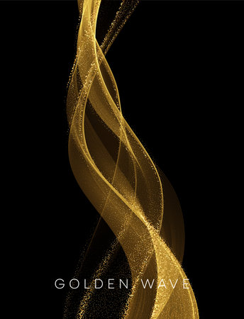 Golden flowing wave with sequins glitter dust isolated on black background. Vector illustrationのイラスト素材