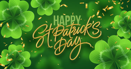 Golden realistic lettering Happy St. Patricks Day with realistic clover leaves background. Background for poster, banner Happy Patrick. Vector illustrationのイラスト素材