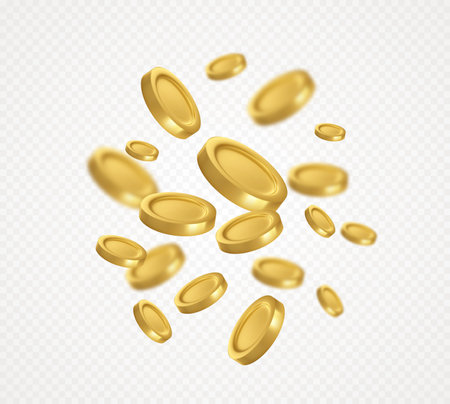 Flying golden coins isolated on white transparent background. Vector illustrationのイラスト素材