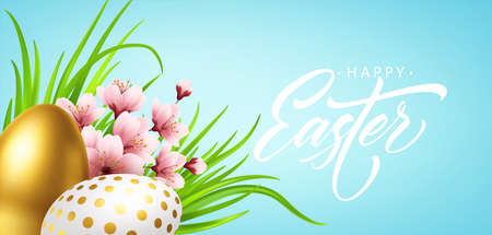 Happy easter greeting background with realistic easter eggs and spring flowers. Vector illustrationのイラスト素材