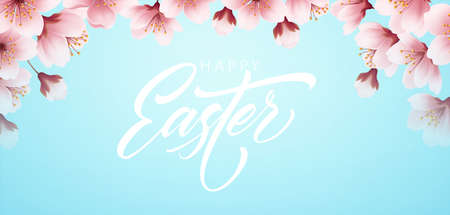 Happy Easter handwriting lettering on background with blooming spring cherry branch. Vector illustrationのイラスト素材