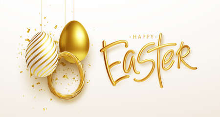 Easter greeting background with realistic golden Easter eggs. Vector illustrationのイラスト素材