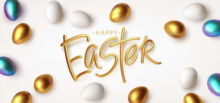 Easter greeting background with realistic golden, blue, white Easter eggs. Vector illustrationのイラスト素材