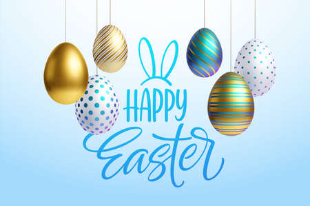 Easter greeting background with realistic golden, blue, white Easter eggs. Vector illustrationのイラスト素材