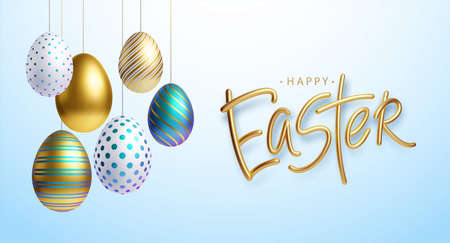 Easter greeting background with realistic golden, blue, white Easter eggs. Vector illustrationのイラスト素材