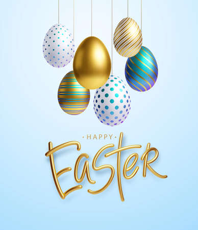 Easter greeting background with realistic golden, blue, white Easter eggs. Vector illustrationのイラスト素材