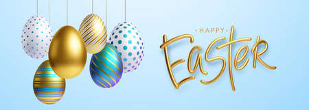 Easter greeting background with realistic golden, blue, white Easter eggs. Vector illustrationのイラスト素材