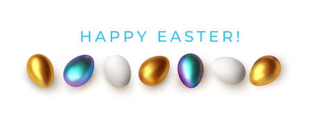Easter greeting background with realistic golden, blue, white Easter eggs. Vector illustrationのイラスト素材
