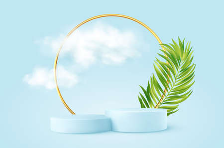 Realistic Blue product podium with golden round arch, plm leaf and clouds. Product podium scene design to showcase your product. Realistic 3d vector illustrationのイラスト素材