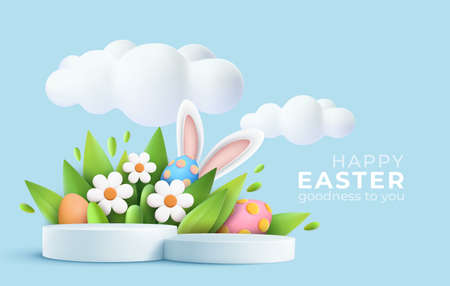3D trendy Easter greeting with 3d product podium, spring flower, cloud, Easter egg and bunny. Spring floral Modern 3d Easter graphic concept. Vector illustrationのイラスト素材