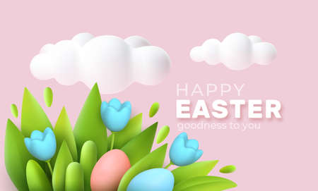 3D trendy Realistic Easter greeting card, banner with flowers, Easter eggs and clouds. Spring floral Modern 3d Easter graphic concept. Vector illustrationのイラスト素材