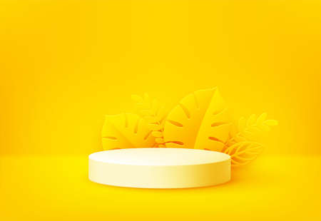 Bright yellow product podium surrounded by paper cut tropical palm leaves on a yellow backdrop. Background design for advertising leaflet, banner, flyer. Vector illustrationのイラスト素材