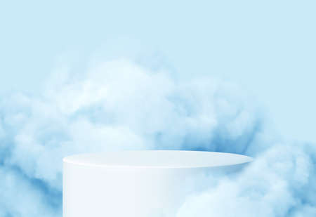 Blue background with a product podium surrounded by blue clouds. Smoke, fog, steam background. Vector illustrationのイラスト素材