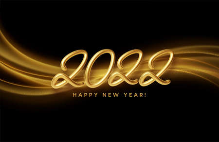 Calendar header 2022 with golden waves swirl with golden sparkles on black background. Happy new year 2022 golden waves background. Vector illustrationのイラスト素材