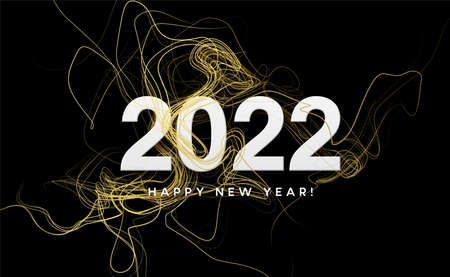 Calendar header 2022 with golden waves swirl with golden sparkles on black background. Happy new year 2022 golden waves background. Vector illustrationのイラスト素材
