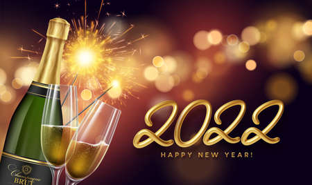Happy new year 2022 illustration with golden realistic number 2022, glasses of champagne and fireworks sparks. Gold sequin blur bokeh background. Vector illustrationのイラスト素材