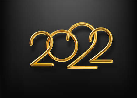 Realistic gold metal inscription 2022. Gold calligraphy New Year lettering on the black background. Design element for advertising poster, flyer, postcard. Vector illustrationのイラスト素材