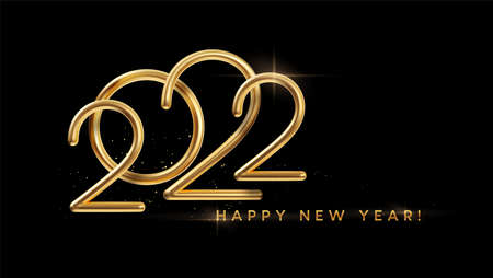 Realistic gold metal inscription 2022. Gold calligraphy New Year lettering on the black background. Design element for advertising poster, flyer, postcard. Vector illustrationのイラスト素材