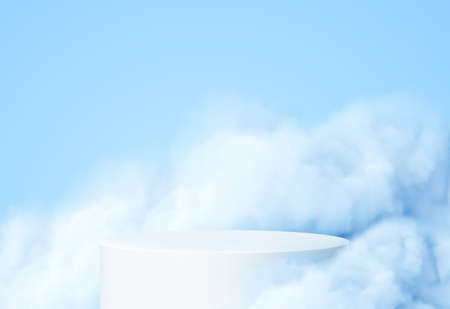 Blue background with a product podium surrounded by blue clouds. Smoke, fog, steam background. Vector illustrationのイラスト素材